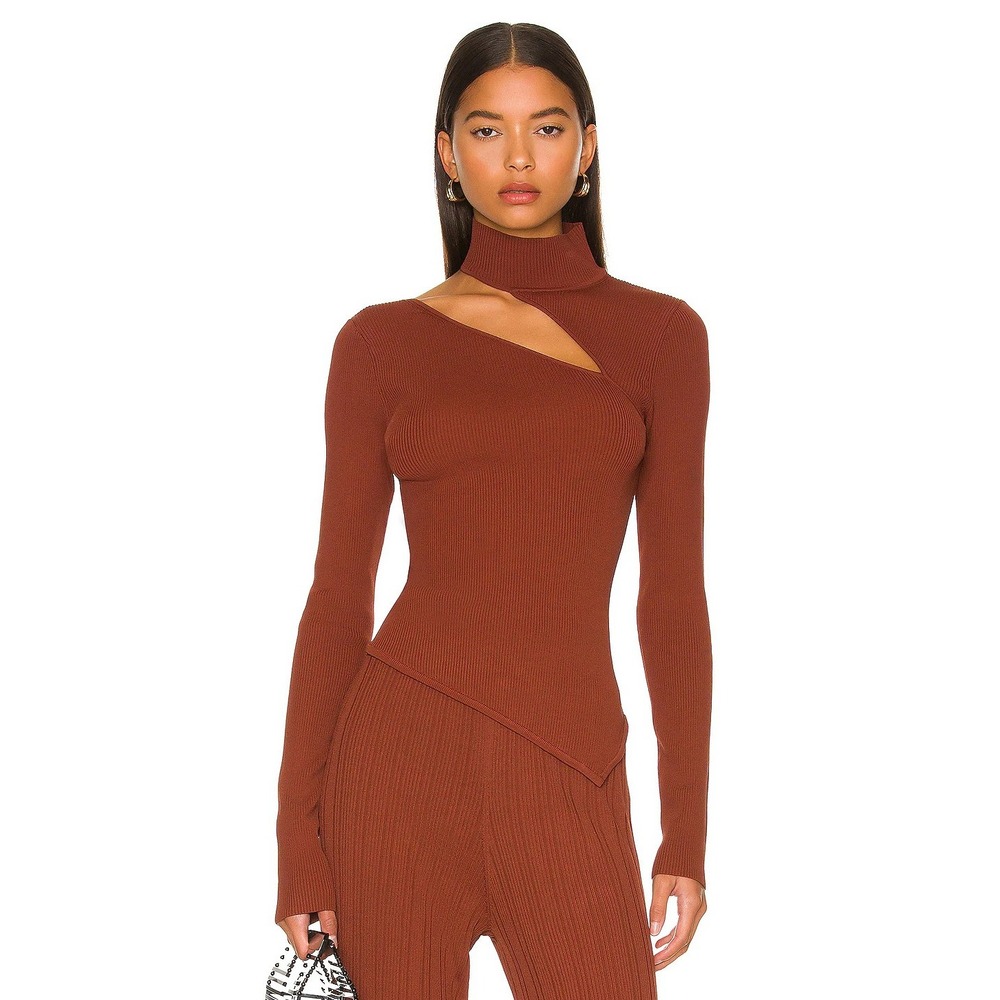 DKNY Womens Asymmetrical Cutout Ribbed Mock Neck Sweater Size XS Rust Orange